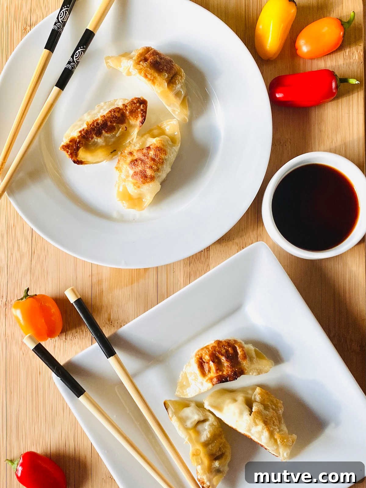 Crispy Air Fryer Frozen Dumplings: Gyoza and Potstickers 2 air fryer dumplings on plate with chopsticks and soy sauce