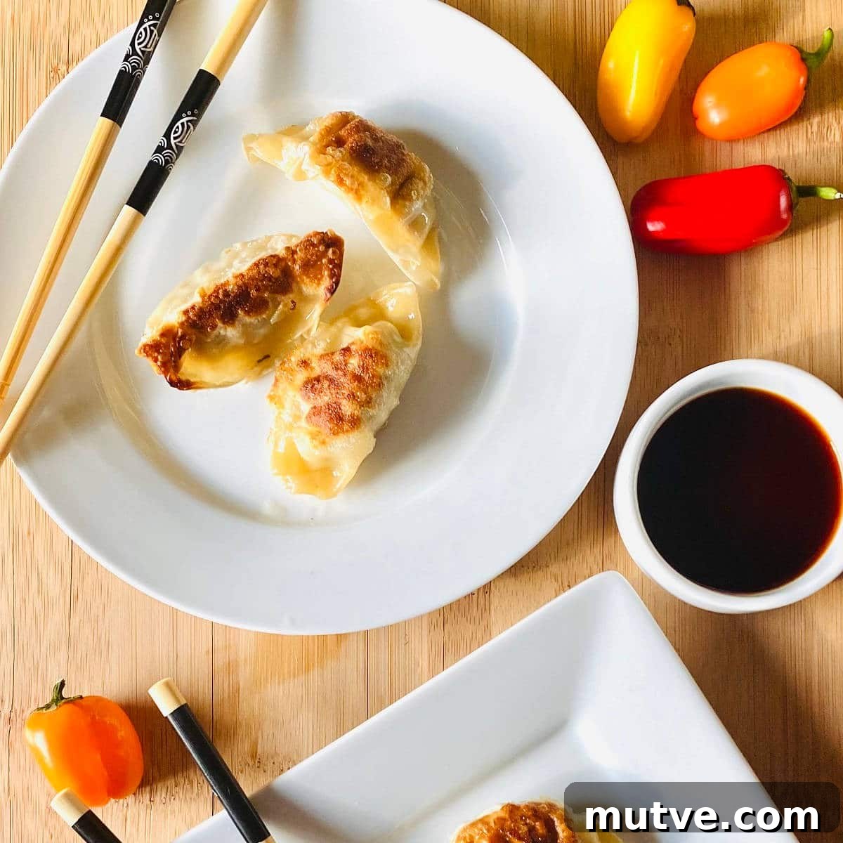 Crispy Air Fryer Frozen Dumplings: Gyoza and Potstickers 4 frozen dumplings cooked in air fryer on plate with chopsticks and soy sauce