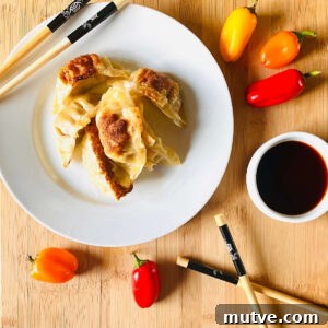 air fryer gyoza potstickers on a plate with chopsticks and soy sauce
