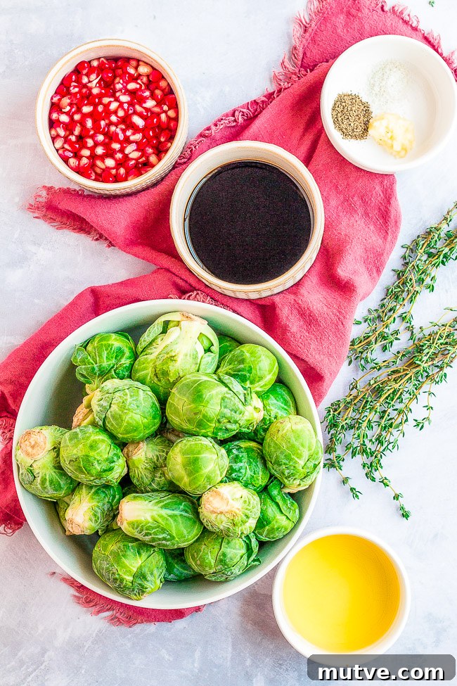Balsamic Glazed Brussels Sprouts with Pomegranate Seeds 4 Olive oil, fresh Brussels sprouts, balsamic glaze, pomegranate seeds, salt, pepper, and garlic.