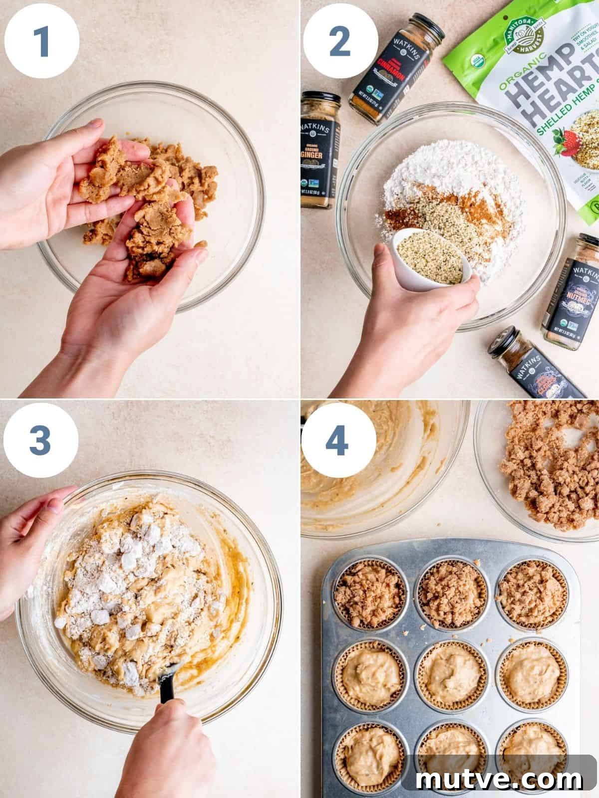 Apple Streusel Muffins Recipe with Cinnamon Crumble 4 step by step instructions showing how to make apple streusel muffins
