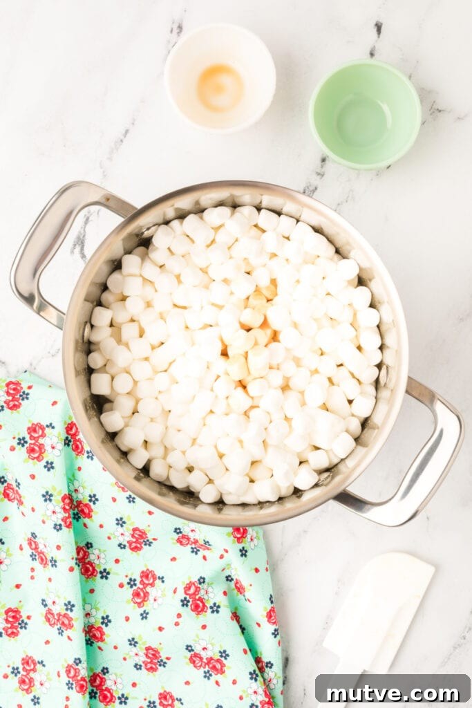 Browned Butter Rice Krispie Treats 6 Mini marshmallows added to a pot of browned butter, vanilla, and salt for Browned Butter Rice Crispy Treats.