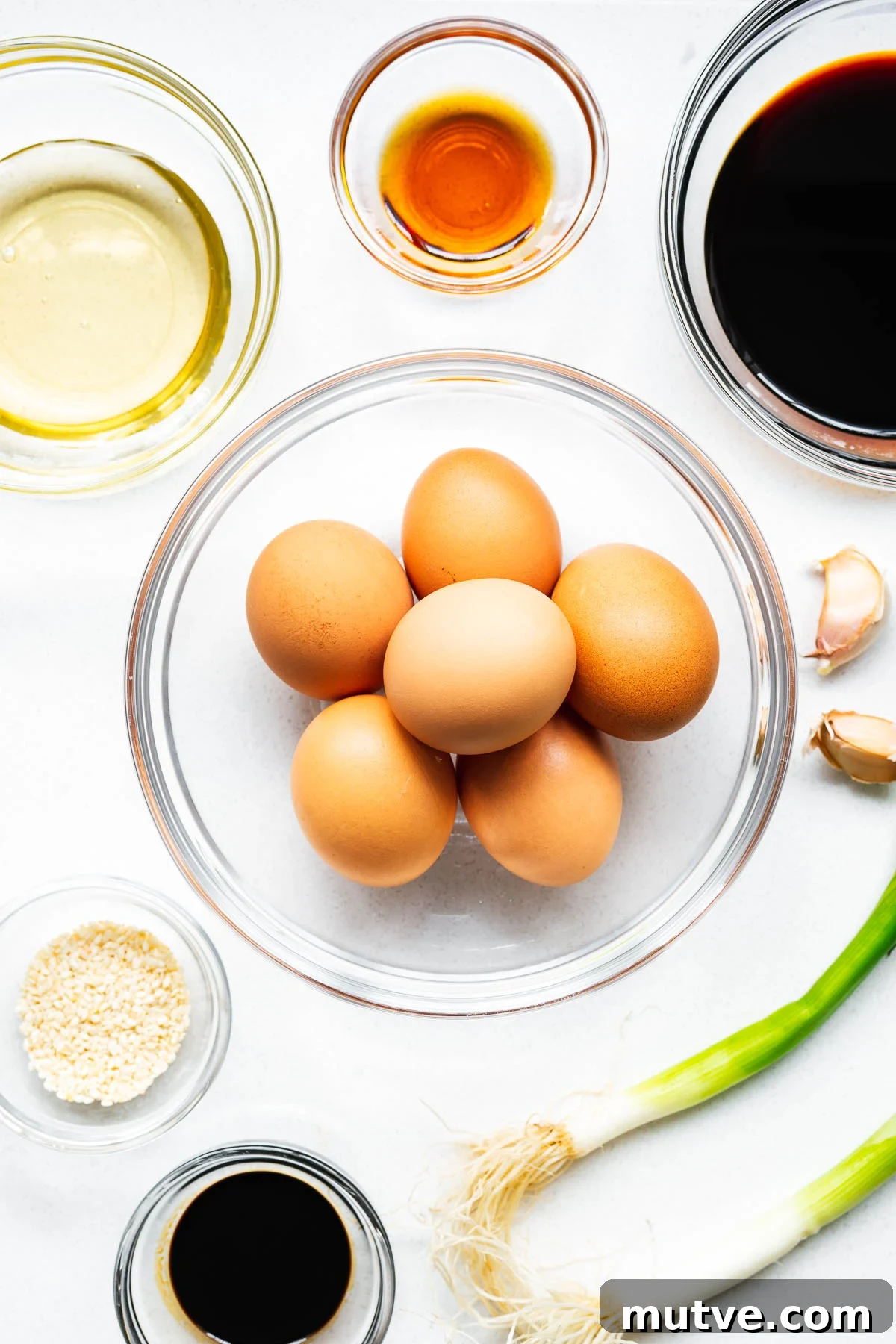 Mayak Eggs Recipe: Korean Soy-Marinated Ramen Eggs 3 The ingredients for Korean mayak eggs arranged on a kitchen counter viewed from above.