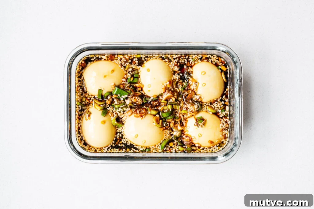 Mayak Eggs Recipe: Korean Soy-Marinated Ramen Eggs 10 Soft boiled eggs marinating in a Korean egg marinade.