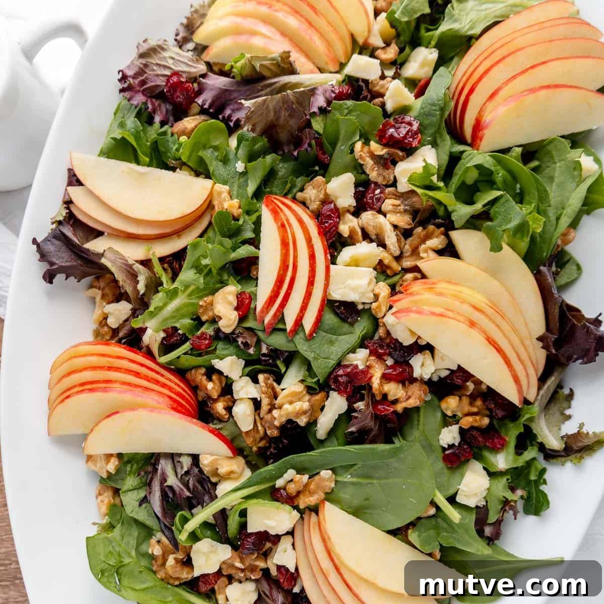 A fresh salad with mixed greens, sliced apples, walnuts, cranberries, and crumbled cheese on a white plate.