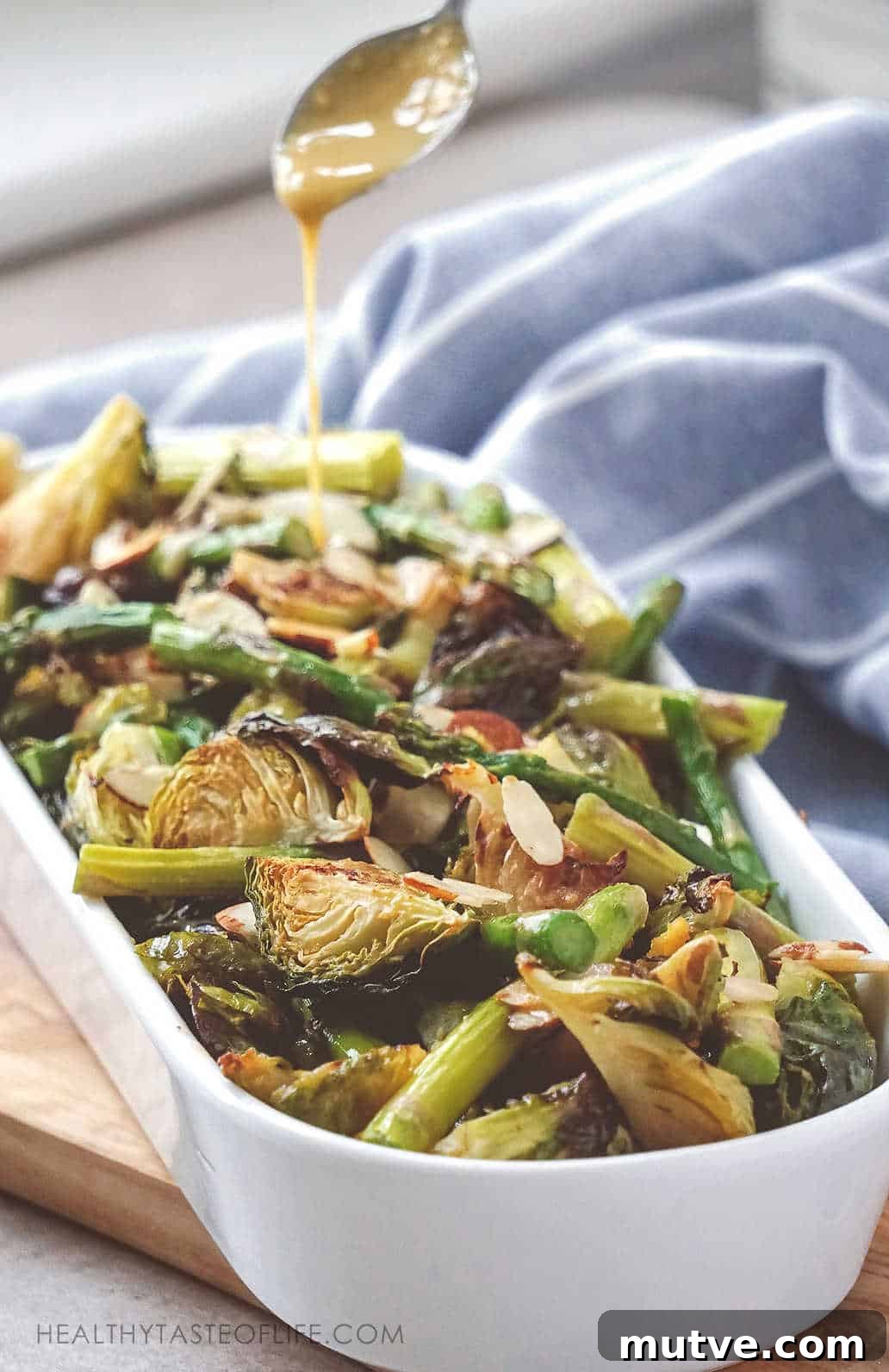 Drizzling the sauce over roasted Brussels Sprouts and asparagus.