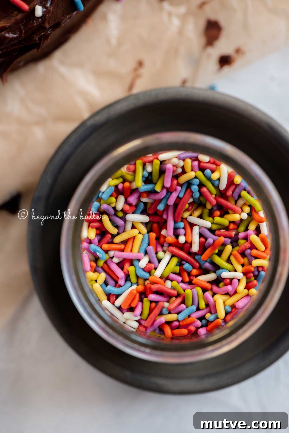 Moist Single-Layer Chocolate Cake Recipe 5 Small bowl of rainbow sprinkles on a dark plate with chocolate cake next to it | All Images © Beyond the Butter®