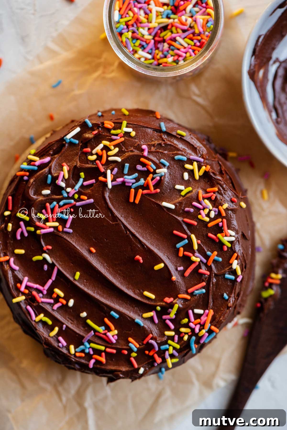 Moist Single-Layer Chocolate Cake Recipe 6 Overhead image of single layer chocolate cake with bowl of milk chocolate frosting | All Images © Beyond the Butter®