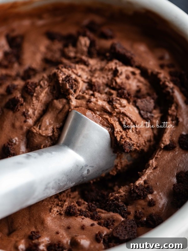 Moist Single-Layer Chocolate Cake Recipe 9 Scooping chocolate brownie ice cream out of a round stainless steel container with a chilled ice cream scoop.