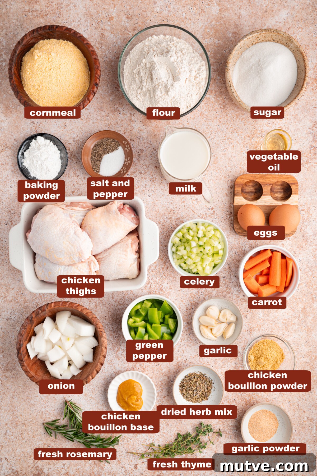 Classic Southern Cornbread Dressing 2 All of the ingredients to make the cornbread and chicken broth for the cornbread dressing in bowls on a countertop.