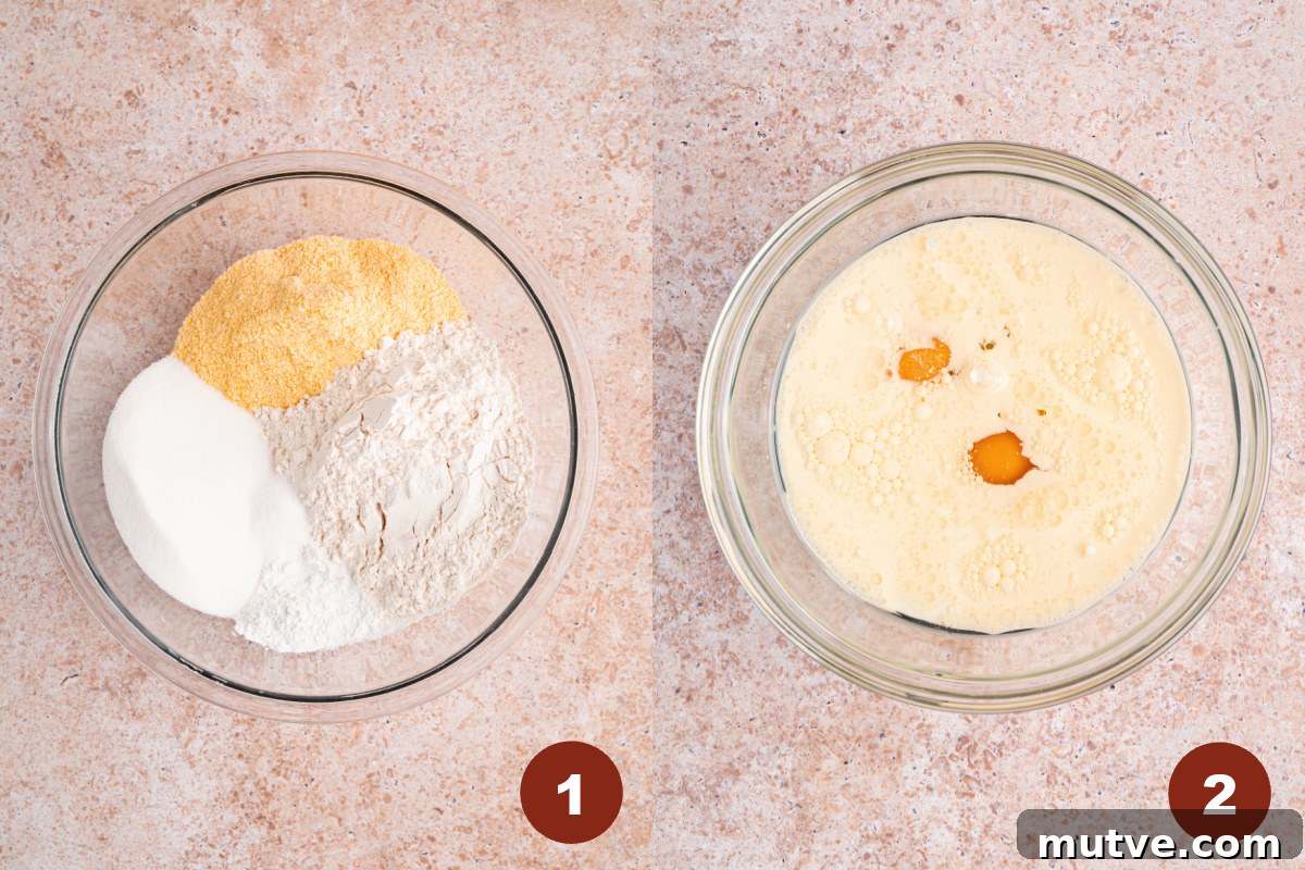 Classic Southern Cornbread Dressing 4 The dry ingredients in a glass bowl on a countertop and the wet ingredients in another glass bowl on a countertpp.