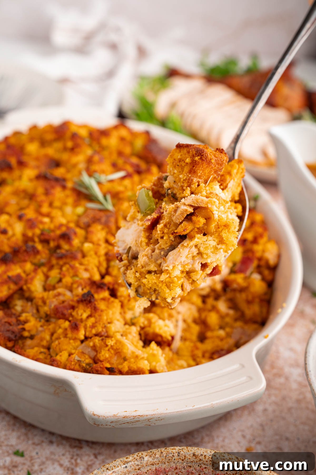 Classic Southern Cornbread Dressing 7 A serving spoon scoops a serving of cornbread dressing from a baking dish.