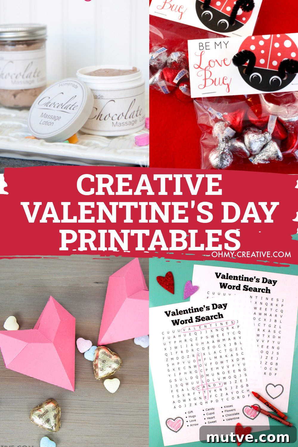 Creative Valentine's Day Ideas to Surprise Your Partner 5 Valentine's printables include a Valentine's Day word search, 3D heart box and Valentine's Day treat bag topper printables.