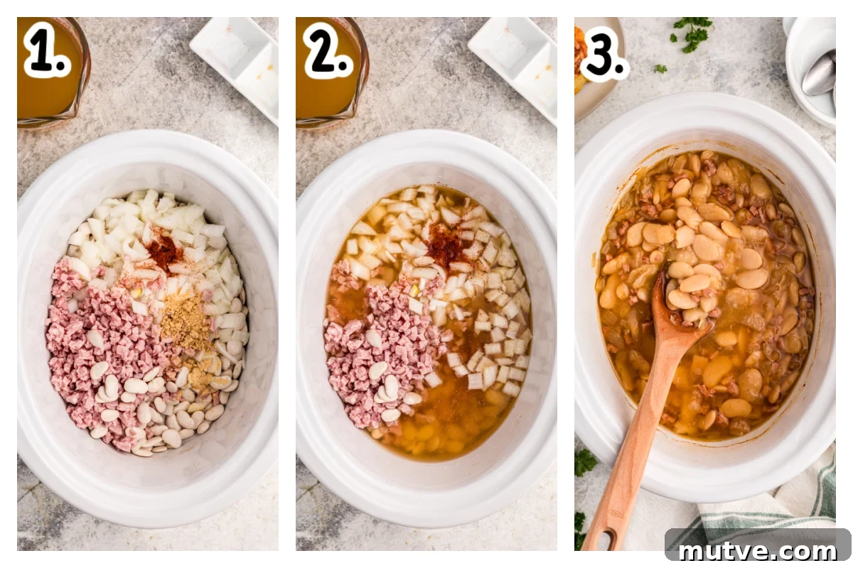 three images showing how to make lima beans in a crockpot.