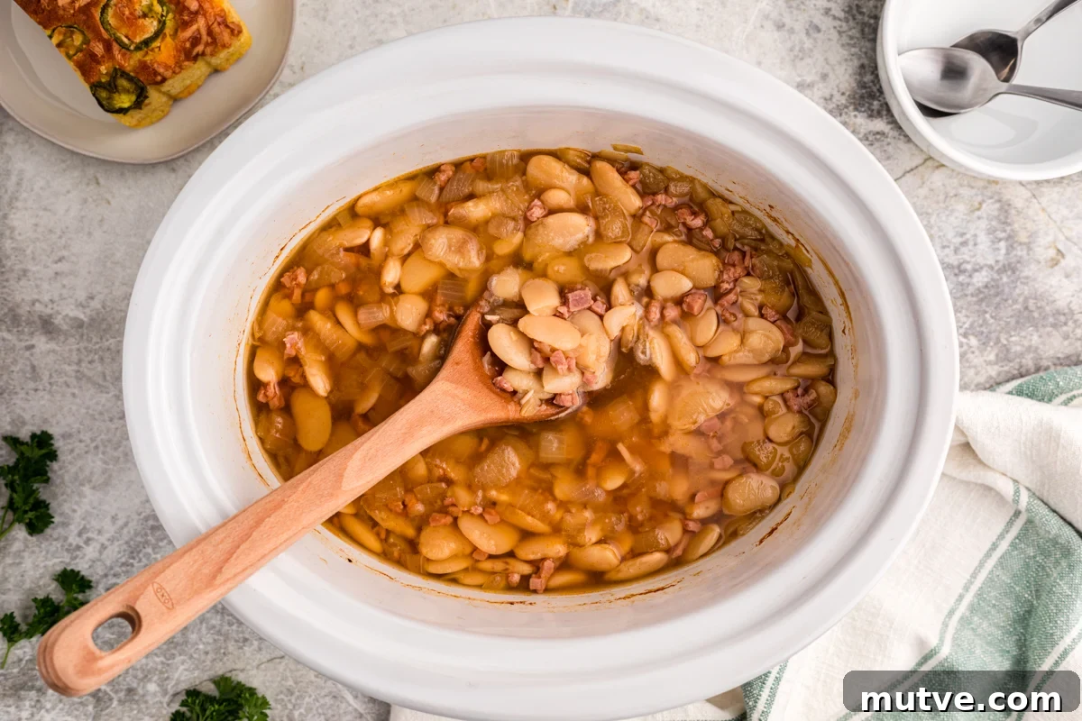 overhead shot of slow cooker lima beans.