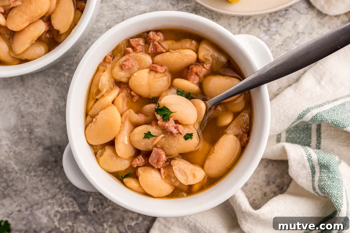 overhead shot of slow cooker lima beans in a bowl with a spoon.