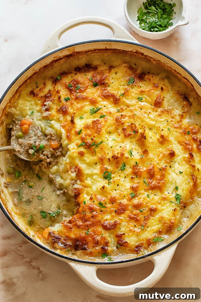 Classic Shepherd's Pie Recipe (Cottage Pie) 2 Top down shot of shepherd's pie in a large dish