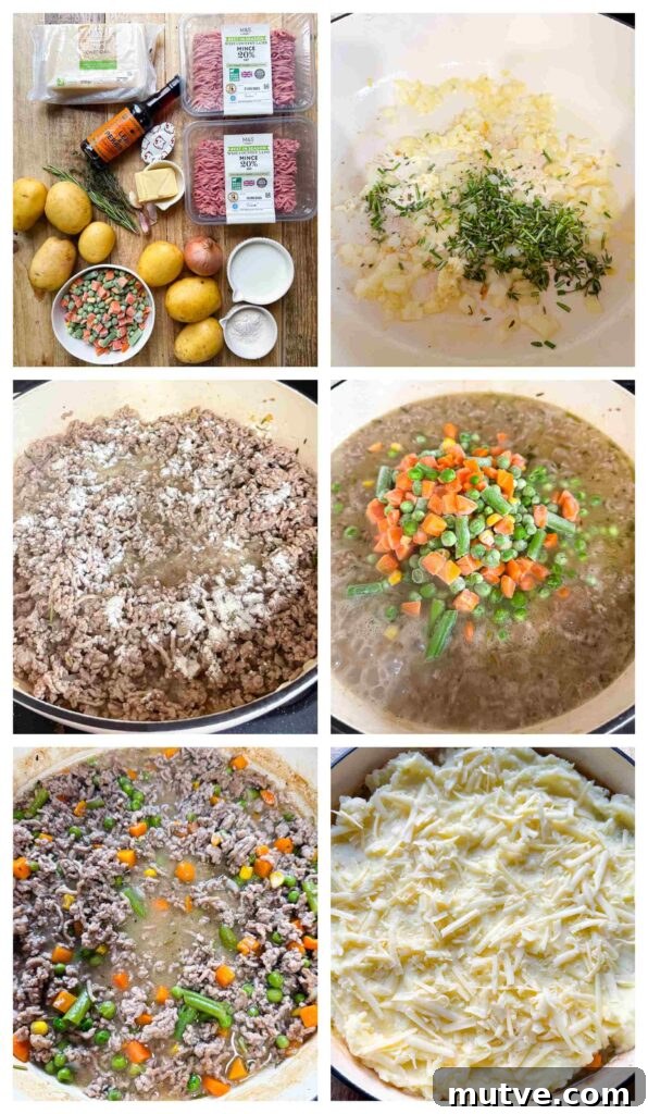 Classic Shepherd's Pie Recipe (Cottage Pie) 5 Prcoess shots of ingredients being cooked and constructed into a pie
