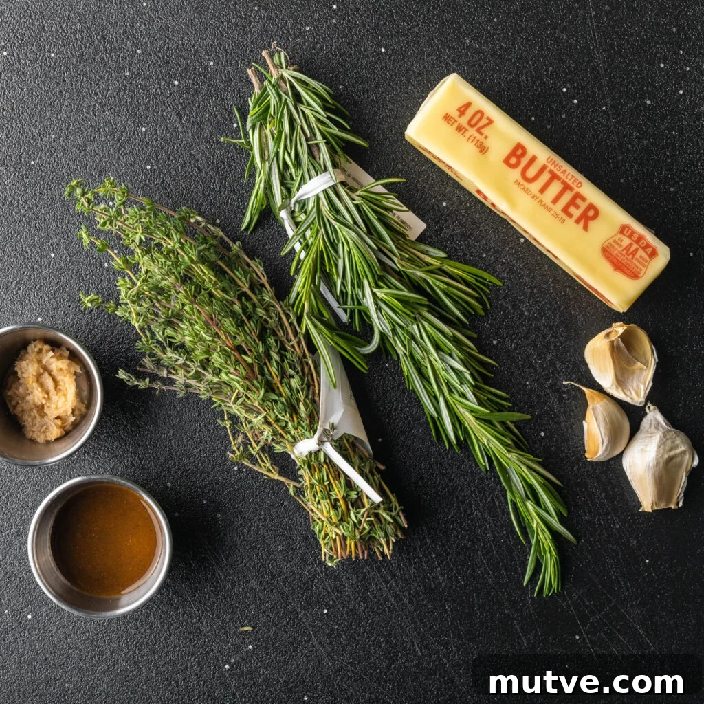 1 stick of unsalted butter, 3 cloves of garlic, 1 bunch of fresh rosemary, 1 bunch of fresh thyme, pinch bowl of lemon zest, and pinch bowl of Worcester sauce.