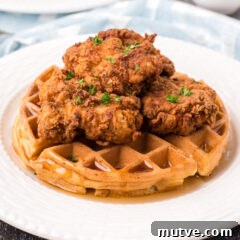 Close up photo of Chicken and Waffles on a plate