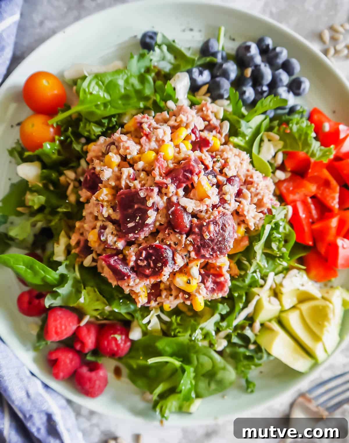 Tuna, Quinoa and Beet Salad Recipe 2 Quinoa beet salad on a plate.