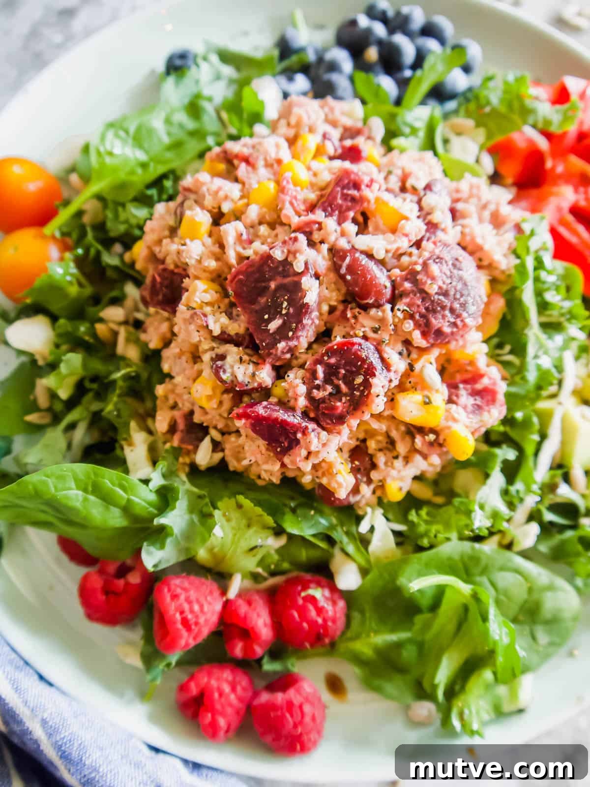 Tuna, Quinoa and Beet Salad Recipe 10 Tuna quinoa salad on a plate with veggies and fruit.