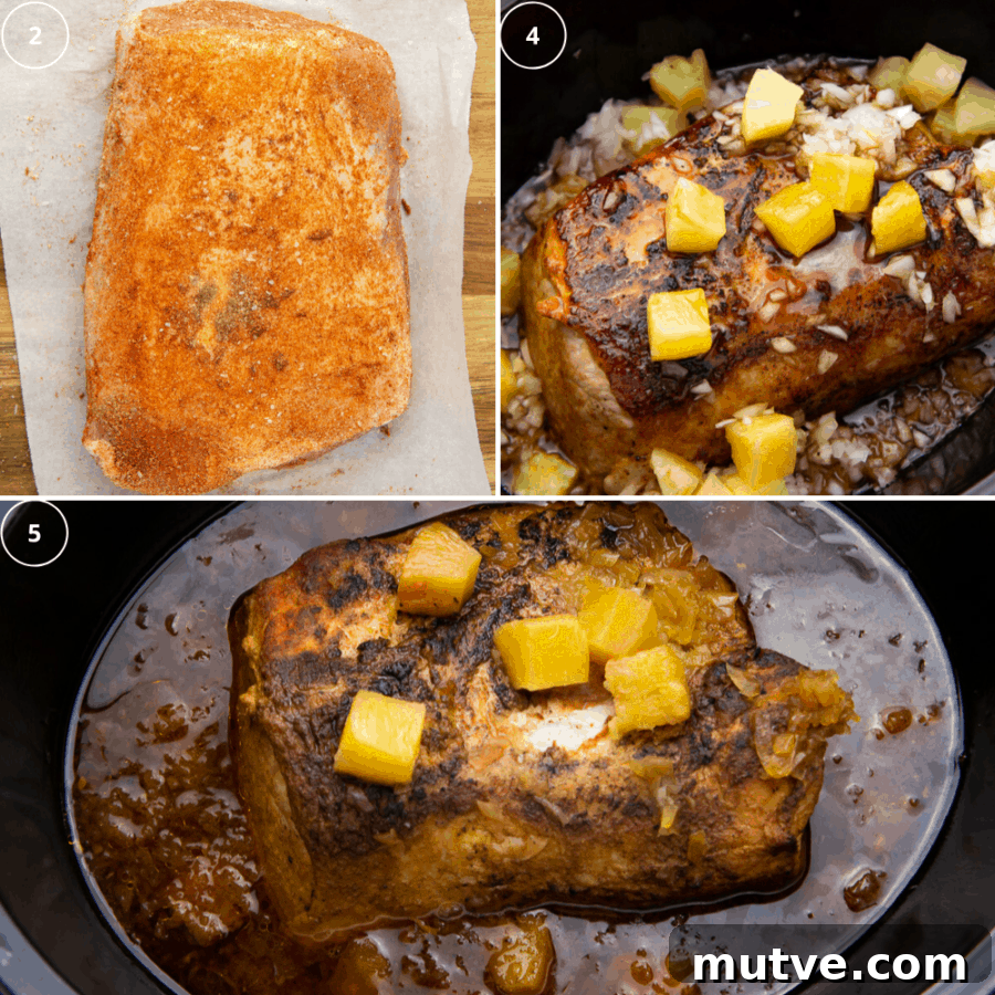 the steps for making crockpot pineapple pork loin, first the pork loin rubbed, then it topped with onions pineapple and sauce, then it cooked