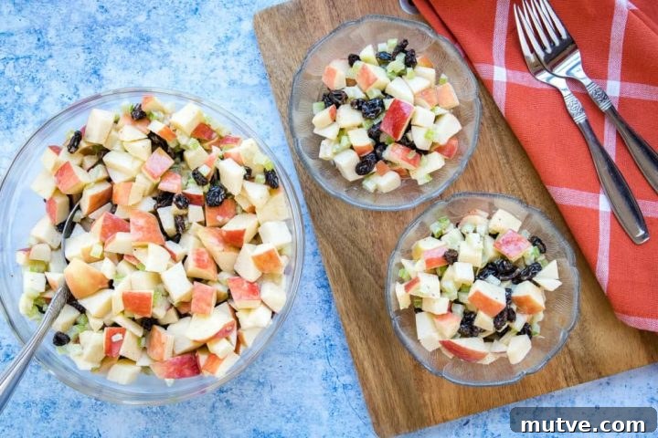 Overhead view of salad with chopped apples, raisins, and celery with a coral plaid towel and two forks.