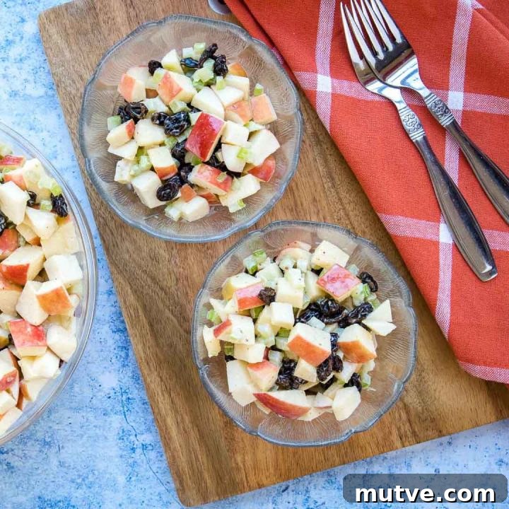 Overhead view of salad with chopped apples, raisins, and celery with a coral plaid towel and two forks.
