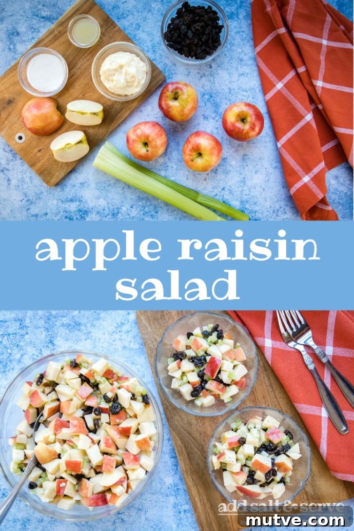 Composite of ingredients and finished Apple Raisin Salad images with title text