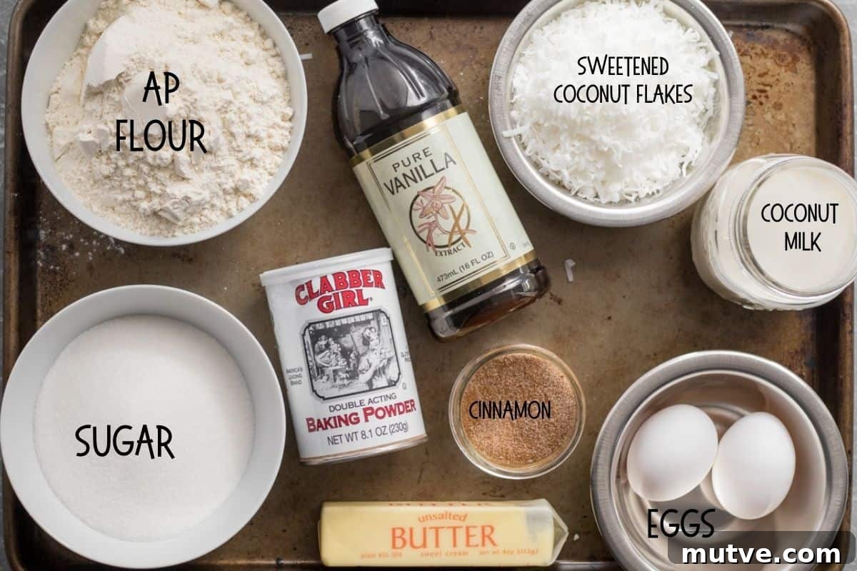 One-Bowl Coconut Bread: Moist Homemade Loaf 3 ingredients for coconut bread on a sheet pan